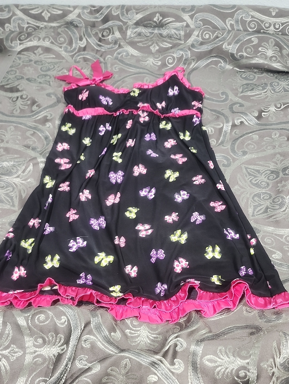 Y2k Jenni Satin Pink Ruffle  Bow Pattern Black Stretch Nightie Size Xs